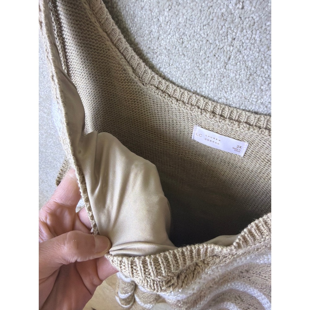 LC Lauren Conrad Sweater Tank Top Women 2X Tan White Striped Crochet Scallop NEW - Picture 6 of 8